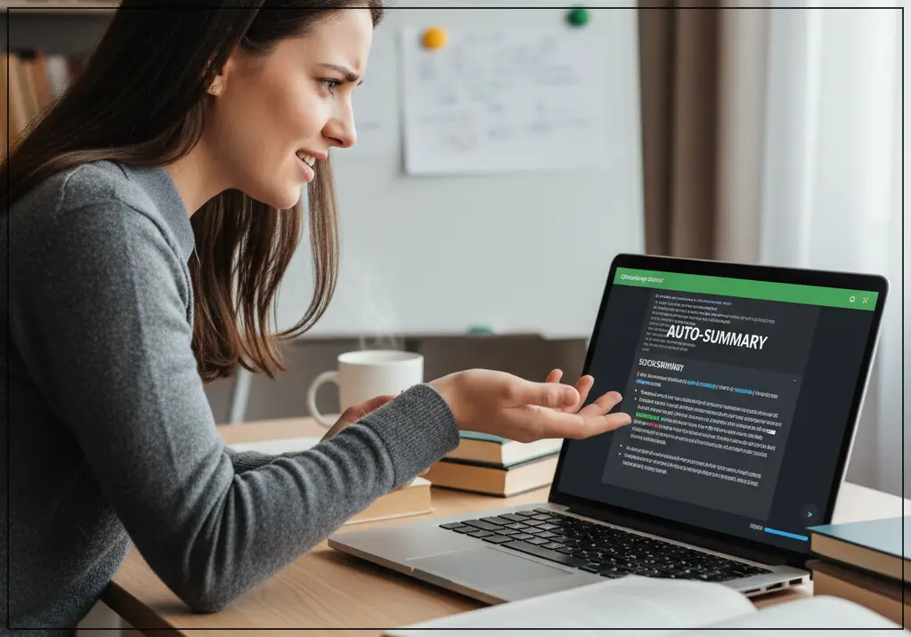 ChatGPT 자동 요약 기능을 이용하여 긴 논문을 요약하여 정리하고 있는 박사과정 학생