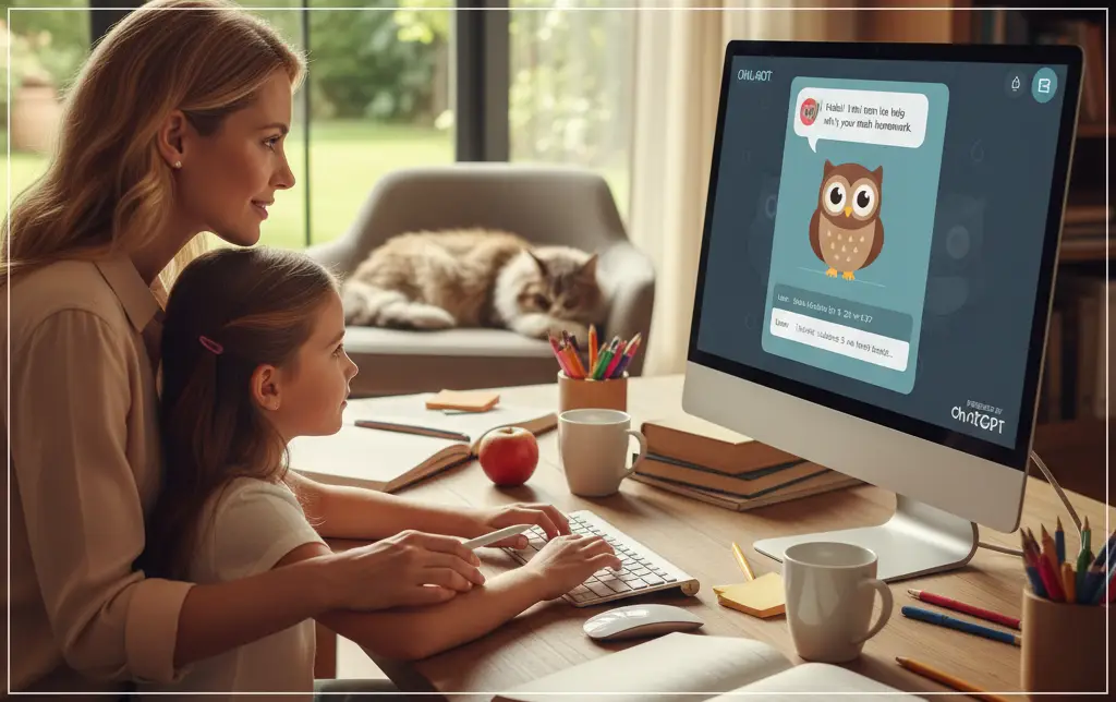 아이의 숙제를 도와주기 위해 ChatGPT 활용 학습 가이드 챗봇을 만들고 있는 엄마와 아이